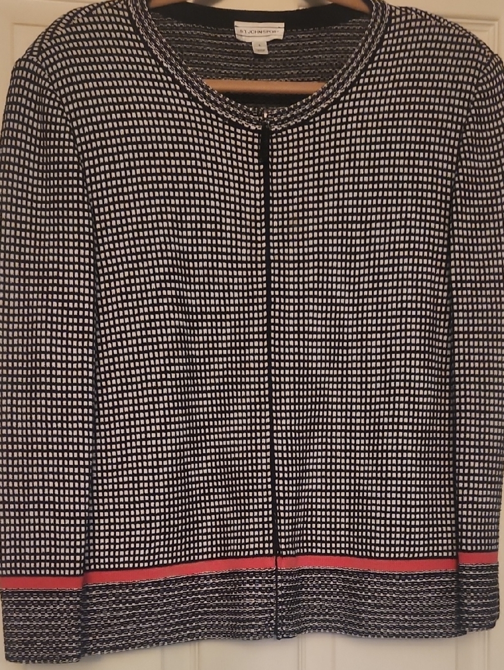 St. John Black & White Woven Jacket with Coral Hem